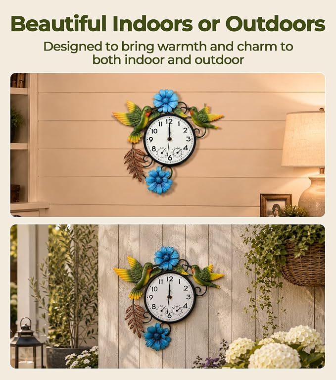 Outdoor Clock with Thermometer and Hygrometer Combo | Silent Non-Ticking Outside Clocks for Patio Waterproof, Metal Decorative Wall Clock for Living Room, Blue Daisy & Hummingbird