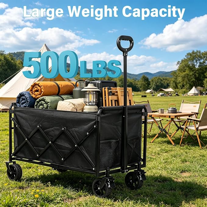 Collapsible Wagon Cart with All-Terrain Wheels - Folding Utility 500LBS Heavy Duty Wagons Carts for Grocery Sports Garden Shopping Camping Fishing (Black, 220L)