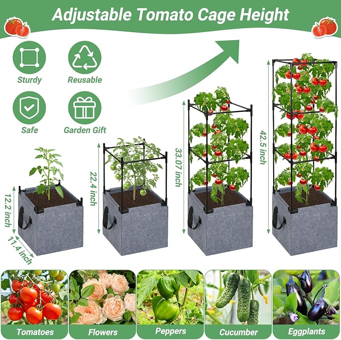 Qinzave 3 Pack Square Tomato Cages with Grow Bags, 42.5 Inch Stable Square Tomato Planter Support Stakes Kit for Garden, Tomato Cages Trellis Pots for Spring Climbing Vegetables Fruits Vines Flowers