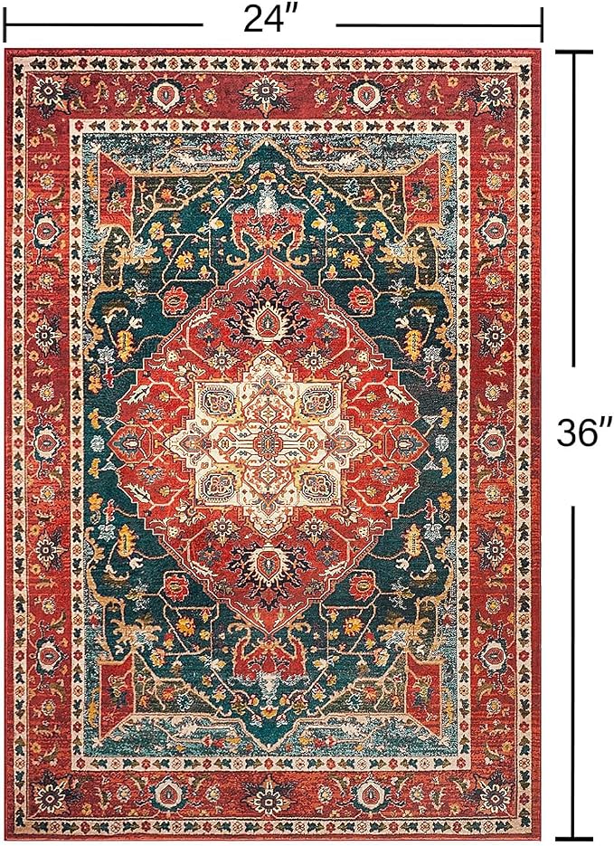 YJ.GWL Area Rug 2x3 Floral Vintage Rugs, Indoor Entrance Door Mat Small Washable Rugs, Non Slip Carpet for Living Room Entryway Kitchen, Orange-Red