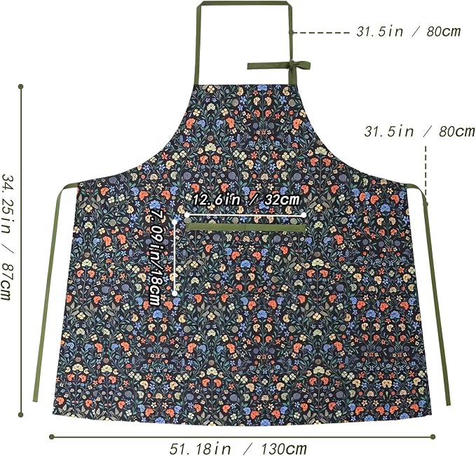 Women's Vintage Floral Kitchen Apron for Cooking & Gardening | Adjustable Neck Straps & Large Pockets, Cute Pinafore for Baking Tea Time, Practical Hostess Gift(Pink/Blue Flowers)