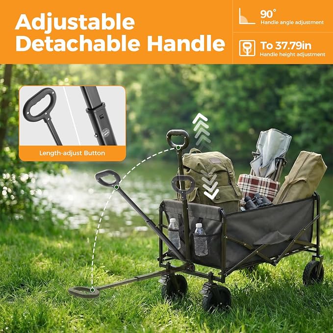 NEWBULIG Collapsible Wagon Cart, 102L Standard, Portable Heavy Duty Pull Cart with Lockable Wheels, 330 lbs Capacity, Adjustable Handle for Beach, Sports, Camping, Shopping & Garden, Gray