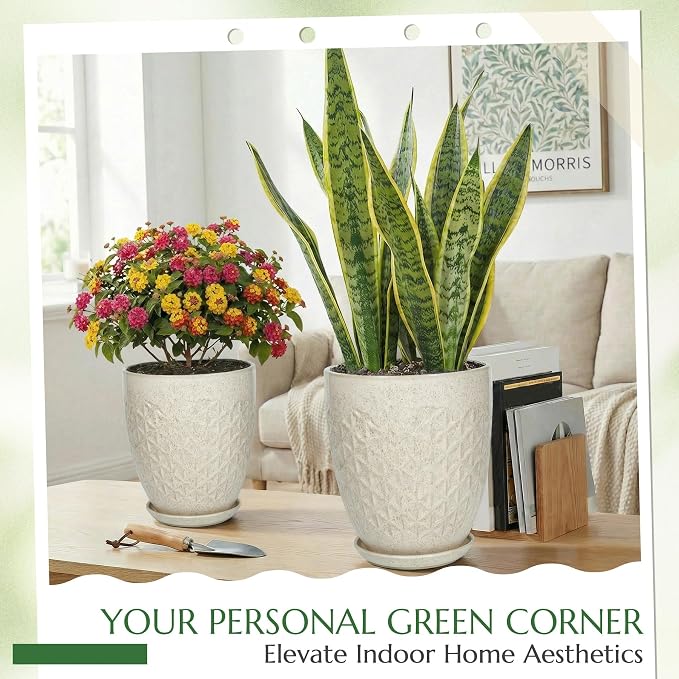 9.5 Inch Flower Pots for Indoor Plants,Ceramic Planter with Saucer Drainage Leak-Proof Mesh Gardening Gloves(Silk-White)