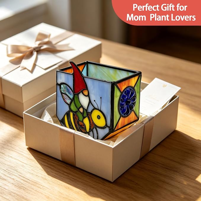 Stained Glass Gnome on Bee Planter,Cute Plant Pot with Drainage for Indoor Plants, Unique Gnome Gifts for Women, Garden Bee Decor for Succulents