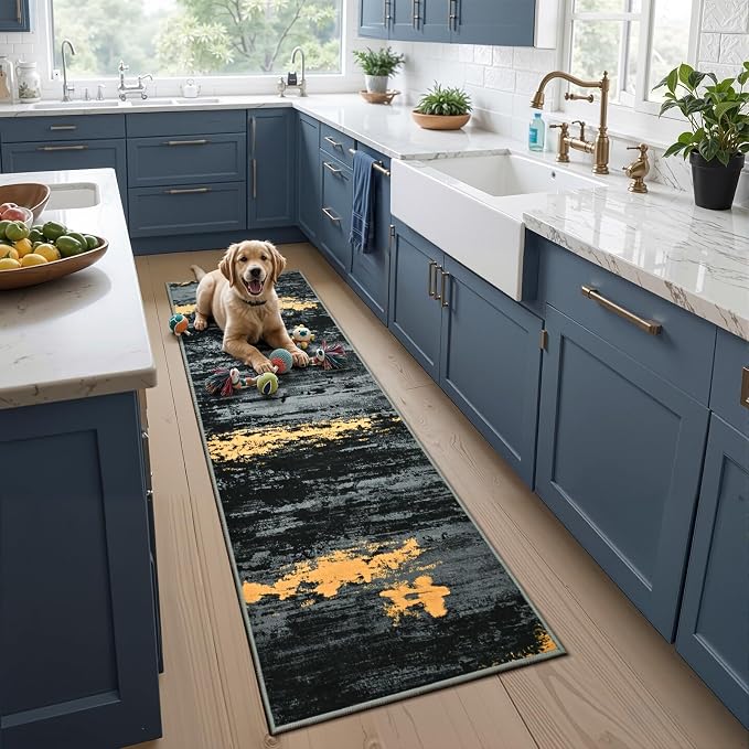 Toneed Washable 2x6 Non-Slip Abstract Runner Rug for Hallway Kitchen | Soft Modern Low Pile Area Rugs for Bedroom Laundry Living room,Indoor Carpet for Bedside Home Decor, Black