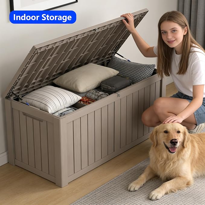 150 Gallon Outdoor Storage Box Resin Deck Box All Weather Waterproof Large Lockable Storage Container Deck Box for Patio Furniture, Garden Tools, Lockable, Gray New