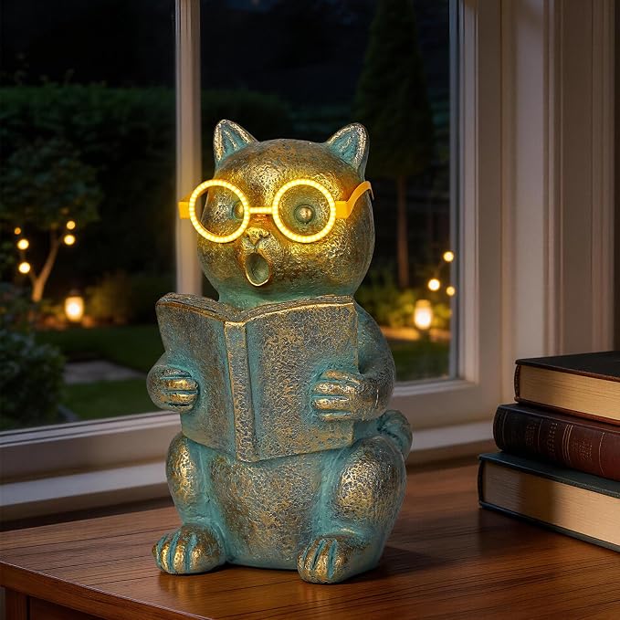 Bronze Resin Solar Reading Cat Decor with Light-Up Glasses, Outdoor Statue Garden Animal Ornament for Patio Yard Porch Home Gift for Women Cat Lovers