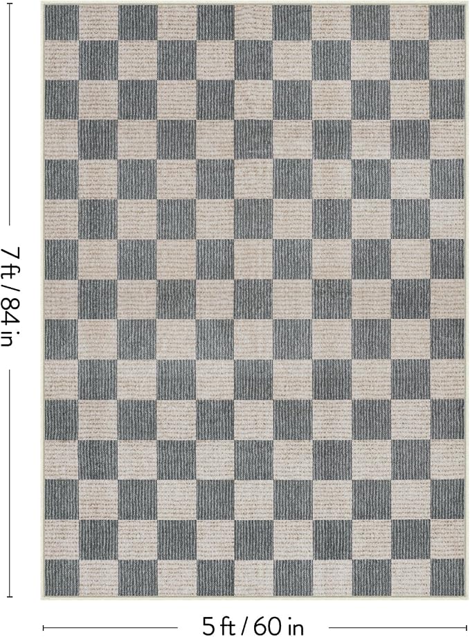 Machine Washable 5x7 Area Rugs for Living Room Checkered, Non Slip Soft Low Pile Geometric Modern Neutral Playroom Rugs for Bedroom Indoor, Large Carpet Rugs for Dining Room Kitchen(Grey, 5'x7')