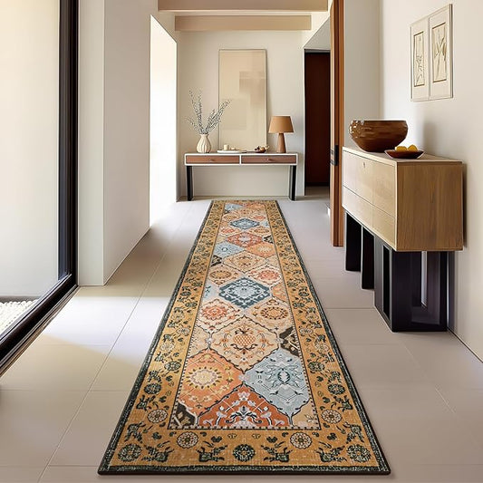Phantoscope Washable Runner Rug 2'x10' Non-Slip, Vintage Boho Hallway Rugs for Entryway, Stair, Bedroom, Distressed Moroccan Mosaic Diamond Pattern, Low-Pile Foldable Floor Carpet, Terracotta/Rust