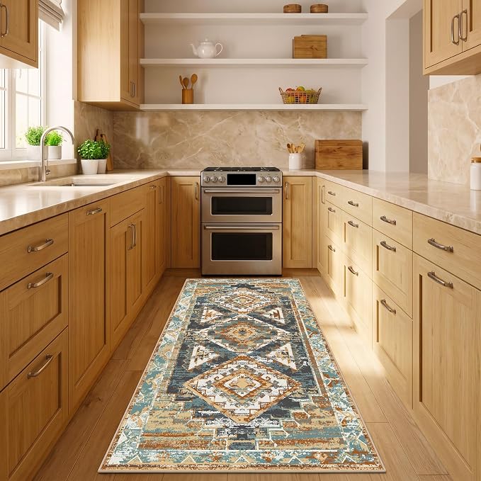 Washable 2x6 Runner Rug, Rustic Farmhouse Low-Pile Non-Slip Carpet, Stain Resistant Vintage Southwestern Rug for Kitchen Hallway Bathroom Bedroom Beside Laundry Room RV Interior, Blue Rust Ivory