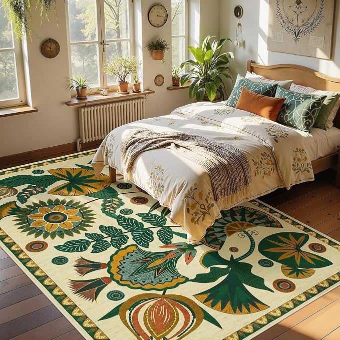 Joydeco Egypt Floral Boho Washable 6x9 Area Rugs for Living Room Bedroom | Botanical Colorful Vintage Aesthetic Non Slip Flower Indoor Carpet for Dining Room Office Guest Room Playroom Dorm, Beige