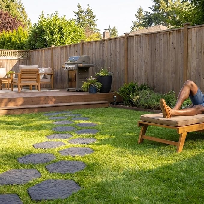 TierraVerde 10-Pack 15”x13” Stomp Rubber Stepping Stones, Hexagon, Black – Reversible Non-Slip Outdoor Faux Decorative Set for Landscaping – DIY Decor for Walkways & Yard Pathways