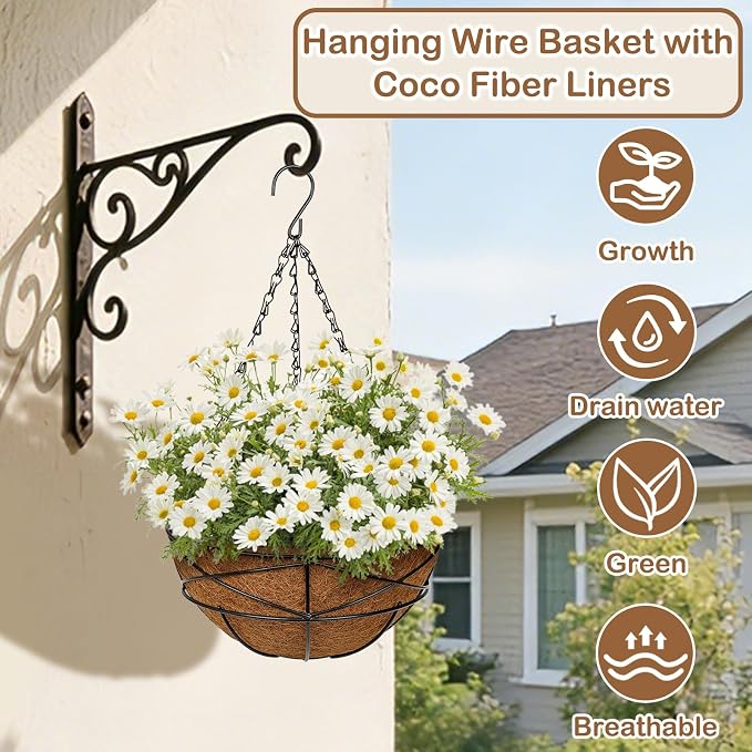 4 Pack 10 inch Metal Hanging Baskets for Plants Outdoor Metal Wire Hanging Basket Planter with Coco Fiber Liners Flower Pots for Home Porch Garden Patio, Diamond-Shaped