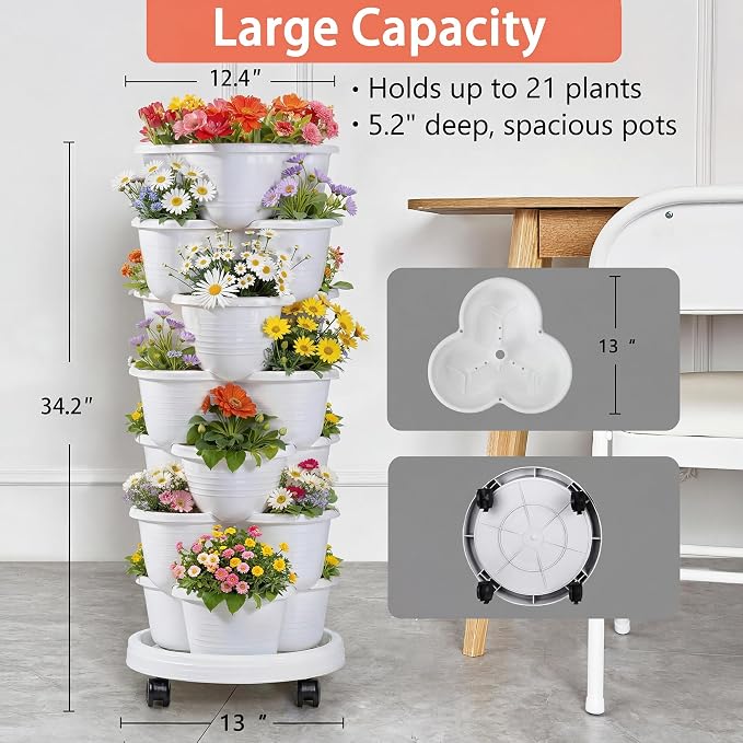 VECELO 7 Tier Vertical Garden Planter, Self Watering Stackable Planters with Wheels for Strawberries, Herbs, Flowers, Vegetables, White
