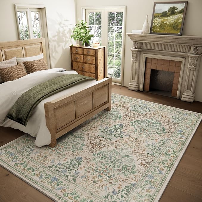 Machine Washable Rugs for Living Room: 6x9 Bedroom Rug Vintage Stain Resistant Non Slip Low Pile Lightweight Soft Carpets for Living Room Dining Room Kitchen Nursery Kids Room Farmhouse