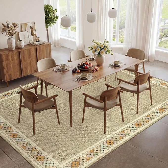 Garvee Large Area Rug 10x13 Rugs Tribal Border Washable Rug, Linen | Floral Border Area Rug Stain Resistant Easy Cleaning Throw Rugs Low Pile Floor Cover for Nursery Dining Room Apartment