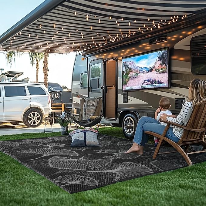 Outdoor Patio Rugs 8'x10' Waterproof, Reversible Plastic Straw Camping Rug Carpet, Large Area Rugs Mats for Rv, Deck, Porch, Picnic, Beach, Balcony, Black & Grey