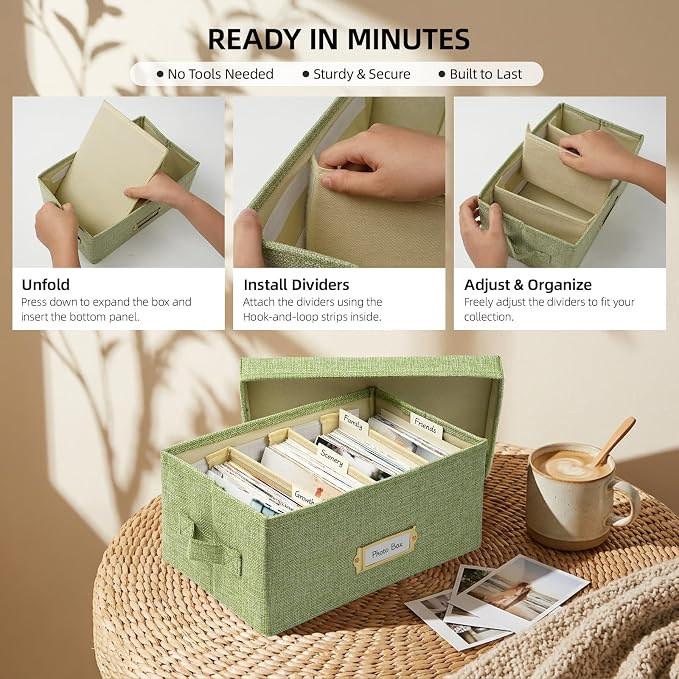 Linen Photo Storage Box with Adjustable Hook and Loop Dividers, Holds 850 4"x6" Photos, Collapsible Picture Organizer with Handle and Label Stickers, Memory Keepsake Box for Women, Grass Green
