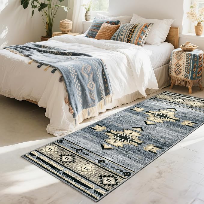 BENRON Western Hallway Runner Rug 2x6, Long Runners for Kitchen, Grey | Southwest aztec Rug, Accent and Tribal Throw Rugs for Bedroom, Washable