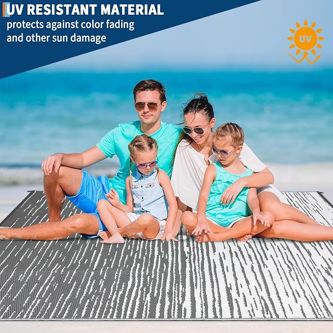 Garvee Modern Outdoor Rug 8x10 Patio Waterproof, Neutral Striped Plastic Straw Rug, Camping Rugs for Outside Your RV, Reversible UV Resistant Mats for Backyard, Deck, Picnic, Camper, Grey