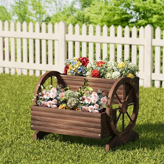 Wooden Wagon Planter with Wheels,Flower Pots, Carbonized, Large | Flower Cart Design, Outdoor Garden Use, Indoor & Backyard Compatible, Patio & Balcony Decor