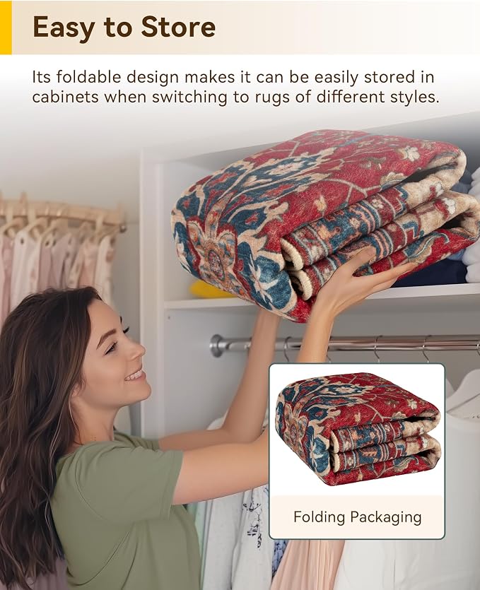 RELEANY Washable Area Rug, Round 8ft, Red/Blue | Non-Slip, Water Repellent, Pet Friendly, Easy to Clean, Vintage Floral Boho Decor for Living Room Bedroom Dining Room