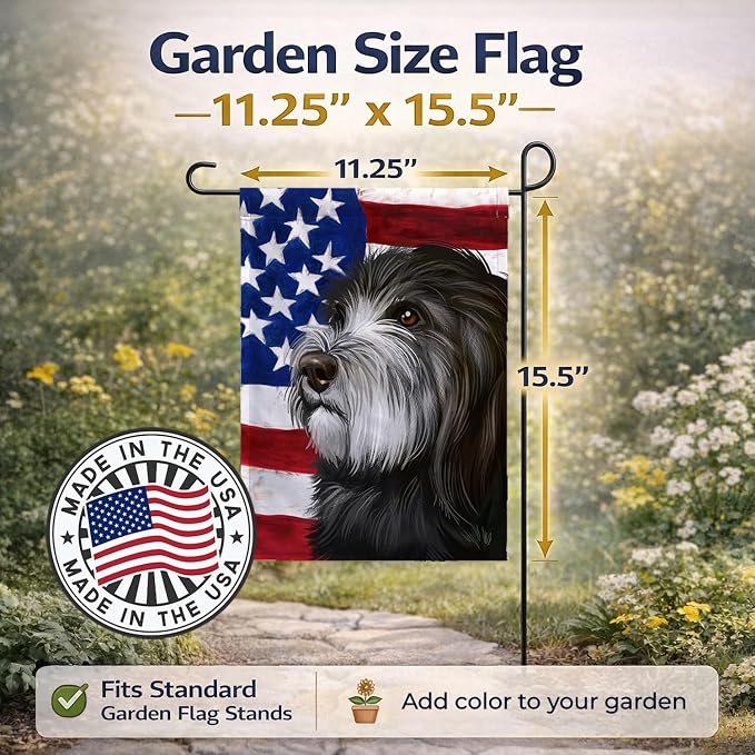 Caroline's Treasures CK6480GF Catalan Sheepdog Dog American Flag Garden Flag Mailbox Flag Decorative Yard Flag Banner Outside Patio Artwork Yard Flower Beds, Garden Size, Multicolor