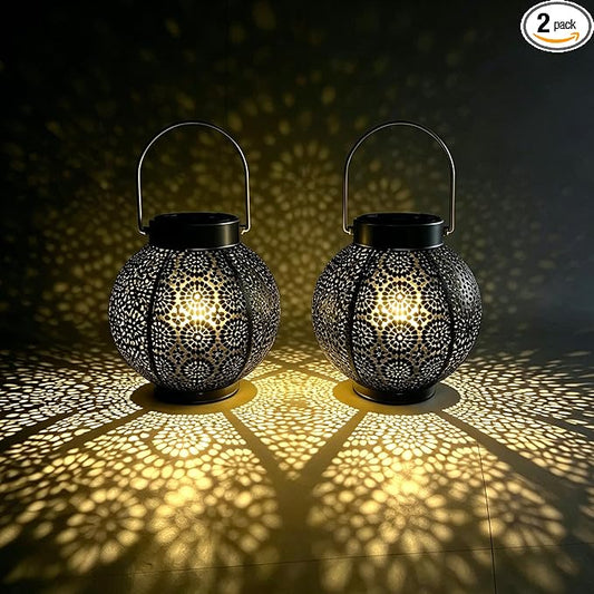 Solar Lanterns Outdoor Hanging 2 Pack, Waterproof Metal Garden Decor Lights, Dusk to Dawn Auto On/Off Solar Powered Lamp for Patio Porch Yard Pathway Tabletop (Classic Black Polka Dot)