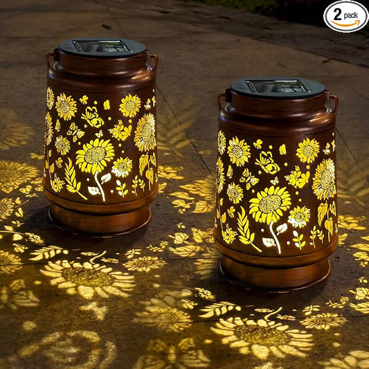 ANYTALK 2 Pack Sunflower Solar Lantern Lights, Outdoor Lanterns Garden Decor, Hanging Solar Lantern for Backyard Porch Patio Table Yard Balcony Lawn Pathway, Gifts for Women Grandma Mom