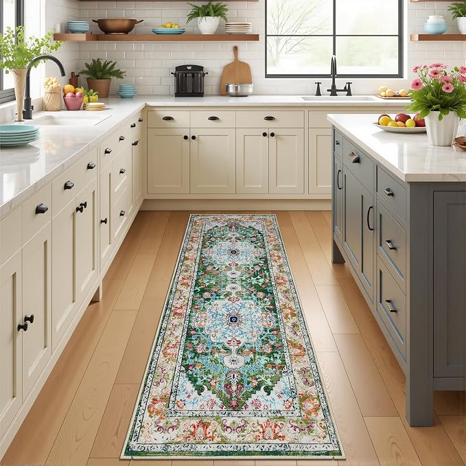 U'Artlines 2'x5' Boho Hallway Runner Rug Non Slip Washable Runners,Green | Vintage Farmhouse Kitchen Rug Accent Area Carpet for Entryway Laundry and Living Room
