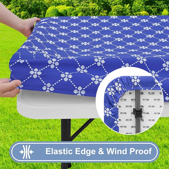 misaya 2 Pack Rectangle Vinyl Table Cloth, Elastic Fitted Tablecloth with Flannel Backing, Waterproof Plastic Table Cover Fits 6 Foot Folding Tables for Picnic, Camping and Outdoor (Blue, 30" x 72")