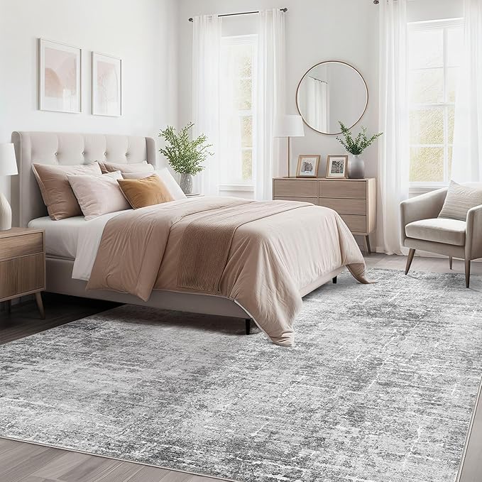 kakania 8x10 Washable Area Rug - Abstract Soft Non-Slip Modern Low-Pile Carpet for Living Room Bedroom Office Dorm, Kid Pet Safe Robot Vacuum Friendly - Grey White | Soft, Non-Slip, Low-Pile, Pet & Kid Friendly - Large Modern Home Decor Carpet for Bedr...