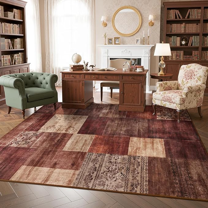 Washable Area Rugs 6x9 for Living Room, Large Modern Geometric Red Soft Patchwork Carpet, Non-Slip Stain Resistant Throw Rug for Bedroom Dining Room Office Home Decor