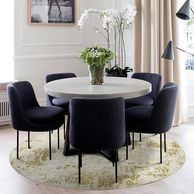 ROYHOME Modern Abstract 6x6 Round Area Rug Non Slip Non Shedding Rug Low Pile Stain Resistant for Bedroom Living Room Office Dining Room,Golden Grey