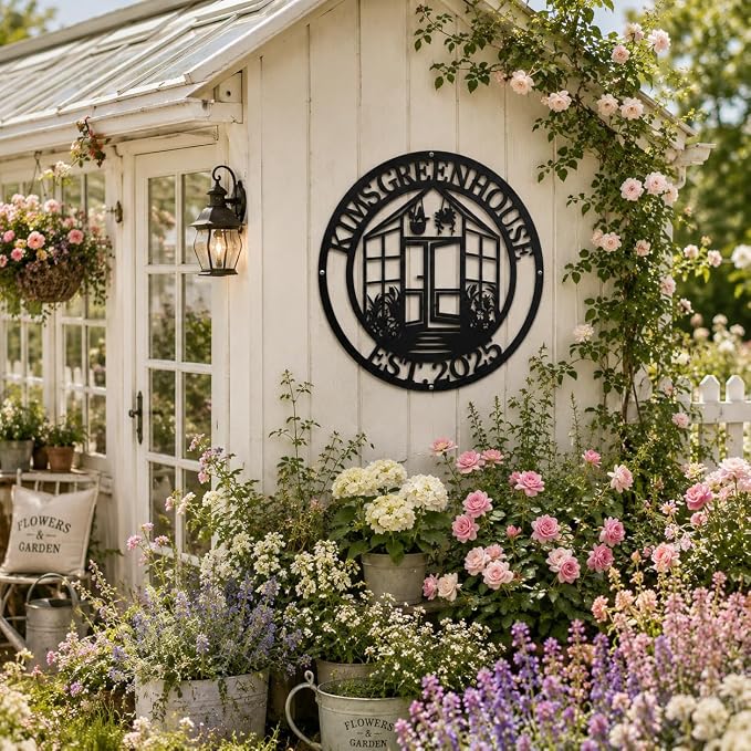 Personalized Greenhouse Sign, Custom Garden Family Name Plaque, Rustic Metal Wall Art for Gardener Gifts, Outdoor Decor for Shed, Yard & Farmhouse