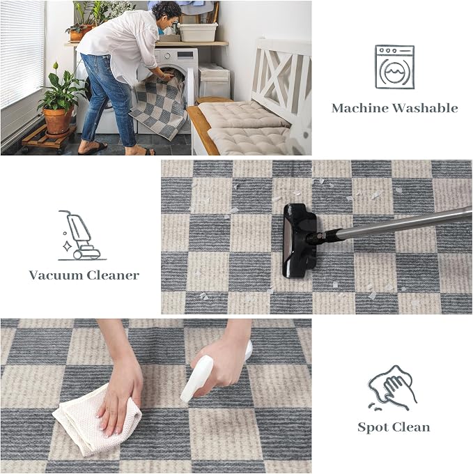 LIVEBOX 3x5 Washable Area Rug Checkered Clearance, Non-Slip Small Entryway Rug Grey Farmhouse Neutral Classic Geometric Boys Rug for Bedroom Living Room Low-Pile Carpet for Indoor Kitchen(Grey 3'x5')
