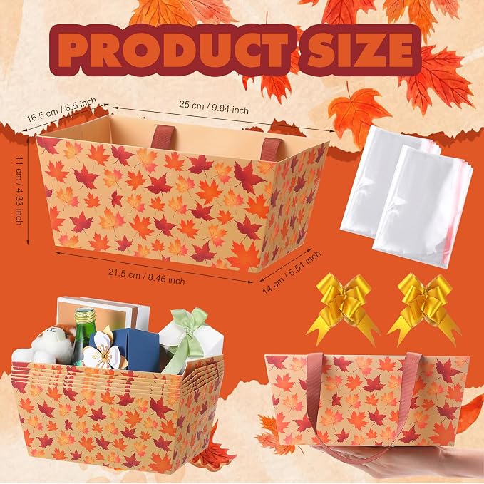 Qinyoung 12 Pcs Fall Basket for Gifts Empty 9.8 x 6.5'' Maple Leaves Gift Basket Empty to Fill with Handles, Bows, Plastic Bags and Twist Ties for Autumn Thanksgiving Party Favor Supplies