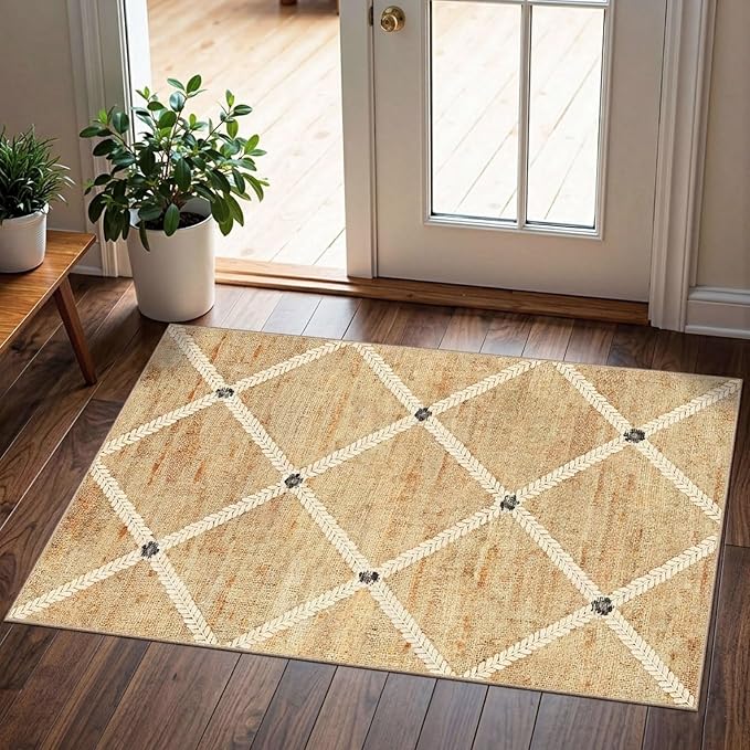 Indoor Front Door Mat, 2x3 Neutral Cottage Geometric Front Door Rug | Non-Slip Washable Doormat Indoor Outside Entrance Woven-Look Farmhouse Small Throw Rugs for Entryway Kitchen Laundry Room