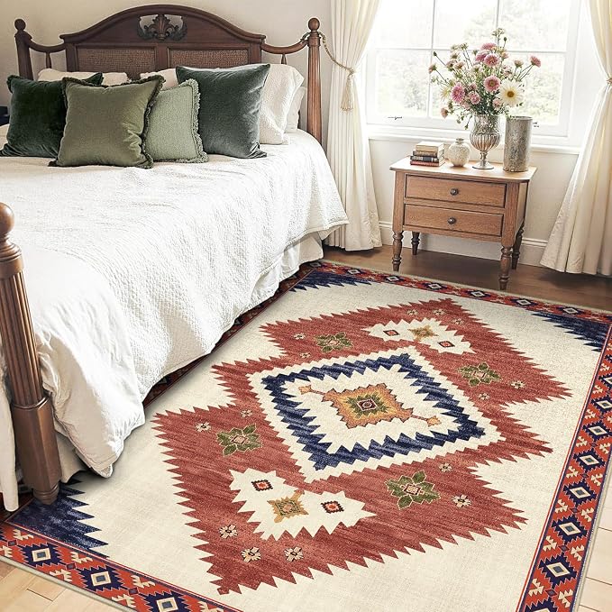 Area Rug 5x7 Western Rug for Living Room Southwest Aztec Rugs | Washable Southwestern Navaj Tribal Rugs Low Pile Non-Slip Floor Carpet for Dining Room Bedroom Kitchen Office, Yellow Brown