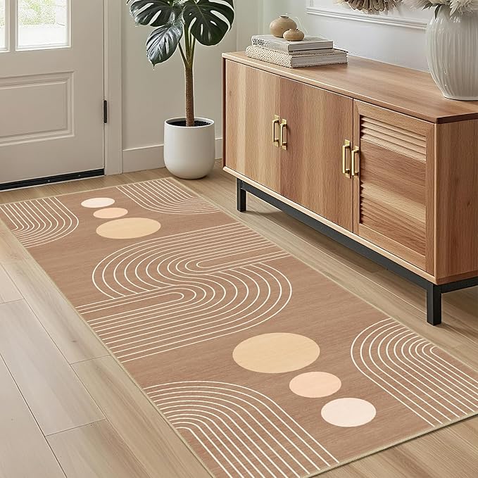 Boho Runner Rug 2x6 Modern Geometric Abstract Rug for Hallway Kitchen Bedroom Brown Mid Century Modern Runner Machine Washable Non-Slip Printed Low-Pile Long Floor Carpet for Bathroom Laundry Brown