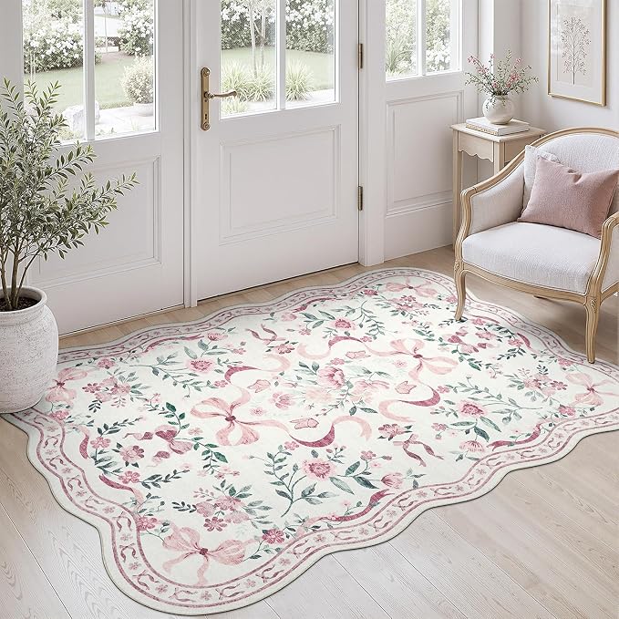 DCX Scalloped Washable 3x5 Bow Rug, Pink Floral Rug for Girls’ Bedroom, Cute Soft Low Pile Indoor Décor Carpet, Kid & Pet Friendly Nursery Rug for Living Room, Dorm, Playroom