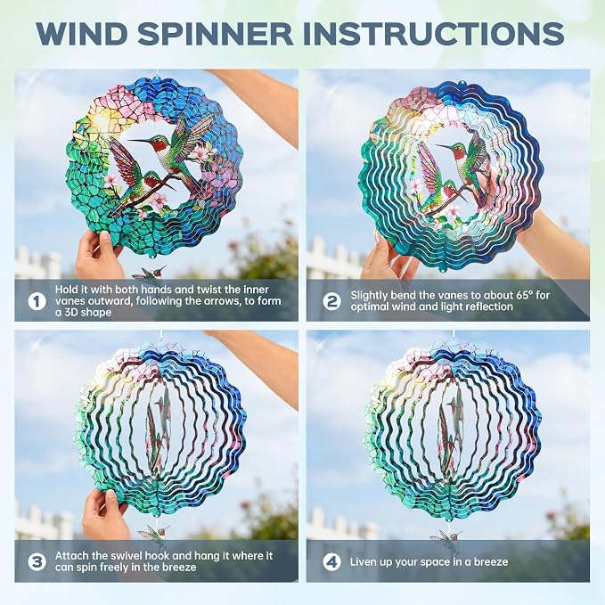 Hummingbird Wind Spinners Outdoor, IDEA SHOW 12In Mental Wind Spinners, 3D Kinetic Hanging Spinners Sculpture, Hummingbird Gift for Women Mom, Garden Decor Ornaments for Patio Yard Art