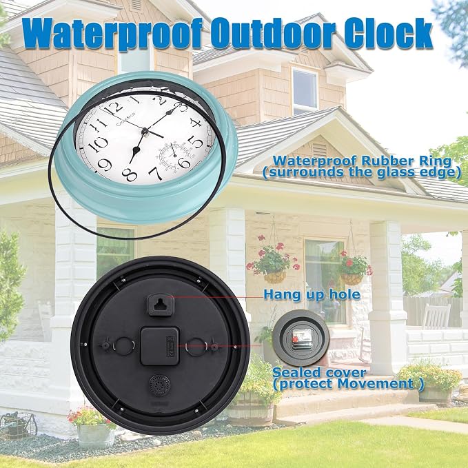 Crosstime 12 Inch Outdoor Clock Waterproof with Thermometer,Vintage Indoor Outdoor Wall Clocks for Patio, Pool, Garden, Backyard, Bathroom Decor - Teal