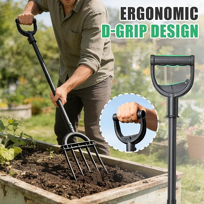 LLARGUEST Pitch Fork, 69" Heavy Duty Metal Garden Fork for Loosening Soil Broadfork with Ergonomic D-Grip Handle, 5-Tine Digging Fork Hay Fork for Compost,Mulching,Manure.