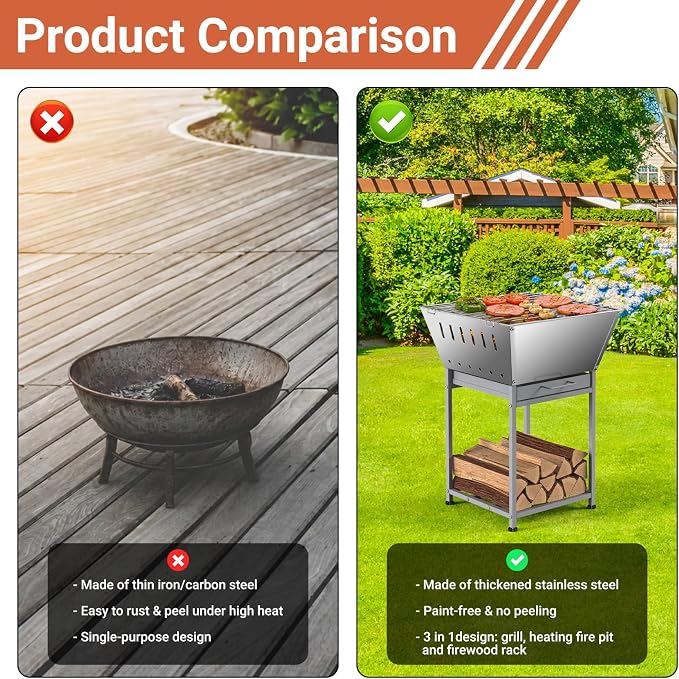 24" Fire Pit with Wood Storage, Fire Pits for Outside Wood Burning, Silver | Premium Stainless Steel, Low-Smoke Design, Removable Ash Tray, Heat-Proof Handles, for Grilling, Heating & Firewood Storage