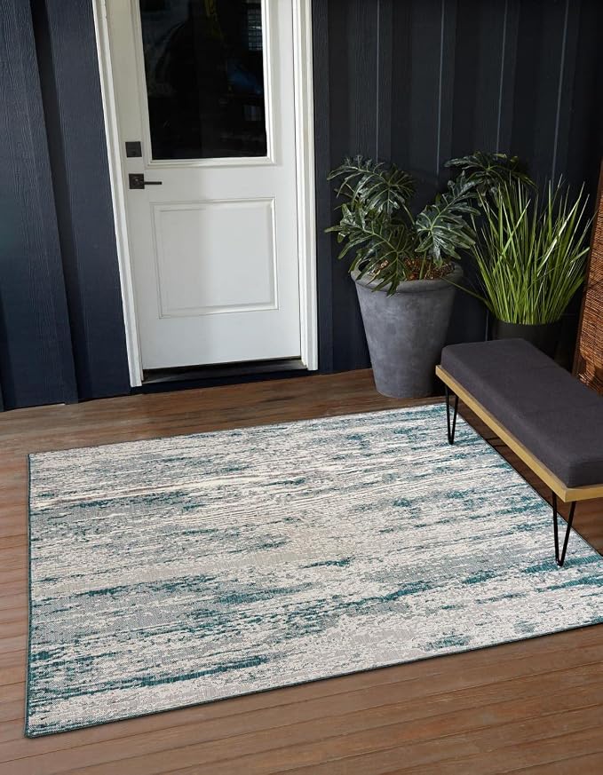 Unique Loom Outdoor Modern Collection Area Rug - Cartago (10' Square, Teal/ Ivory)