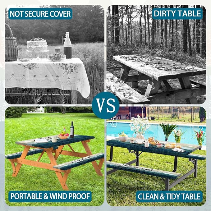 Picnic Table Cover Bench Elastic Edges, Green Blue Camping Forest Camper Fitted Table Cover, Outdoor Patio Camping Essentials 60 Inch 3PCS, Waterproof Camping Fitted Tablecloth with Drawstring Bag