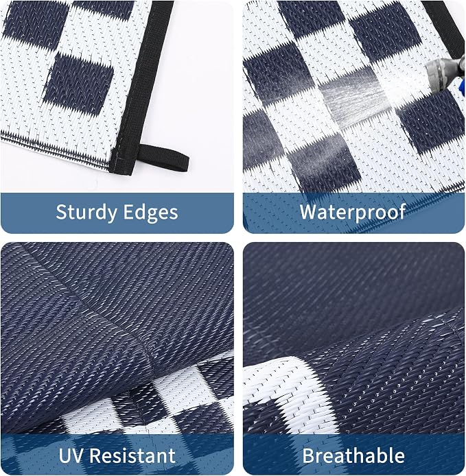 Waterproof Plastic Straw Outdoor Rug 9x18 Patio Reversible UV Resistant Foldable Camping Carpet Modern Geometric Border Large Outdoor Rugs for Deck, Porch, Camper, Balcony, Beach，Blue