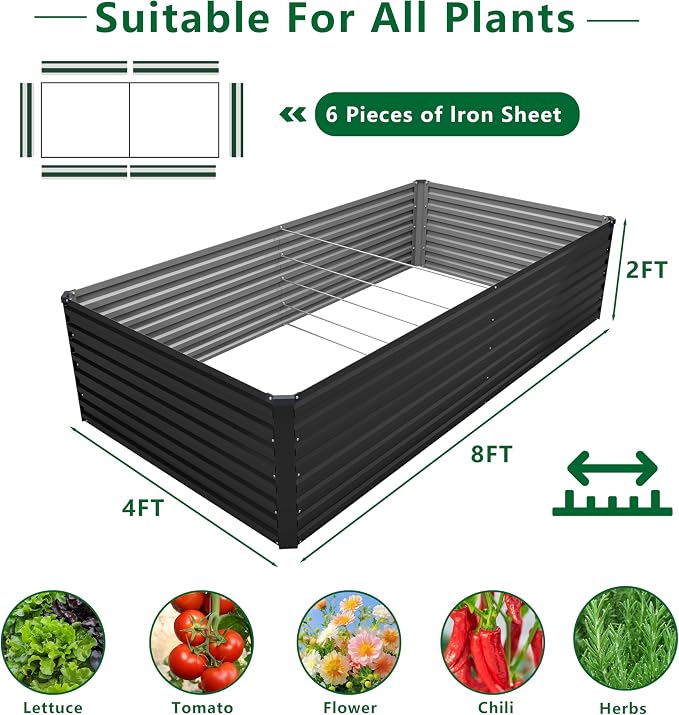 DIIYIV Galvanized Raised Garden Bed Kit Outdoor Patio,8x4x2ft Large Rectangular Metal Planter Boxes,Deep Root Box Planter for Gardening,Vegetables,Flowers,Herbs-Black