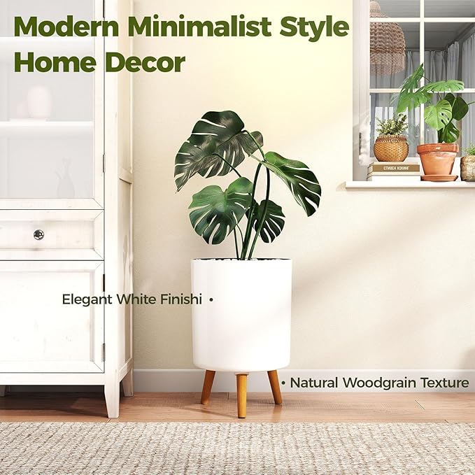 Bamworld Self Watering Pots for Indoor Plants with Water Level Indicator 10 inch Plant Pot Plastic Planter with Wooden Stand for Outdoor Plants Modern Décor for Porch Patio White Medium